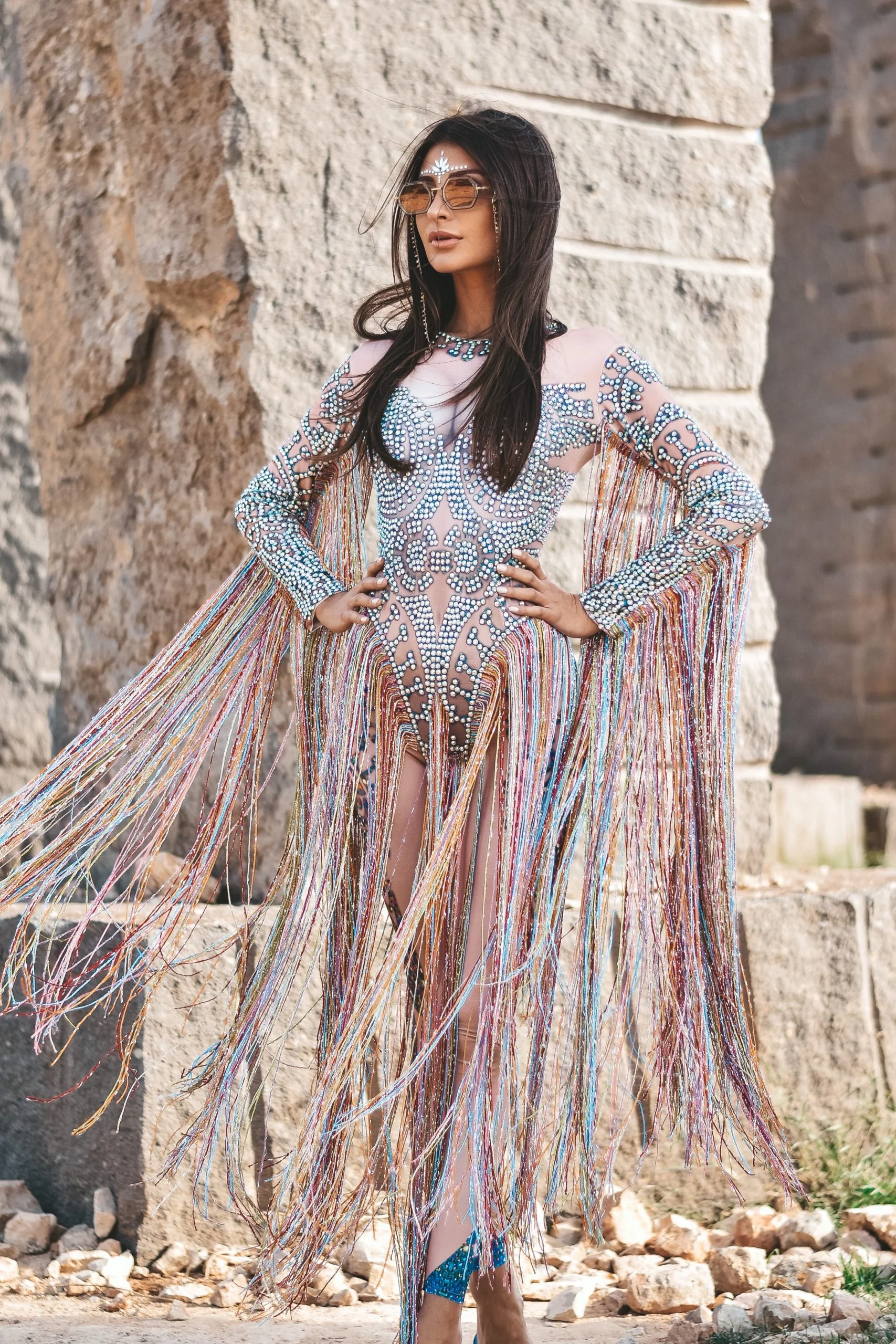 Felizia crystal jumpsuit fringes
